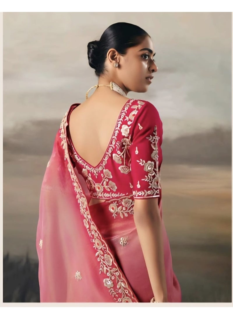 Grab Mantra Light Pink Tissue Silk Saree Dark At Border And Light In Center Plus Full Embroidery Unstitched Blouse - Image 2